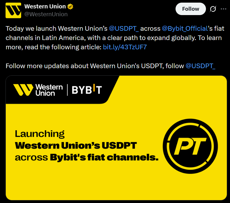 西联汇款USDPT登陆Bybit，支付巨头布局稳定币新赛道