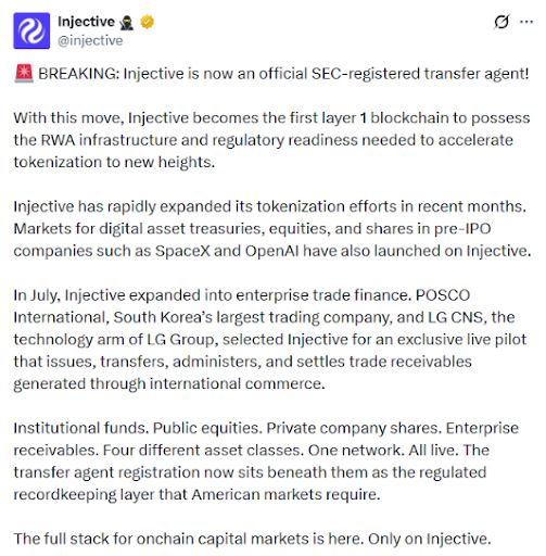 Injective获美证交会注册为过户代理人，代币化金融迈出关键一步