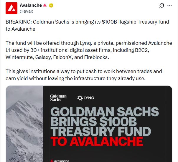 高盛入局Avalanche却难救AVAX跌势